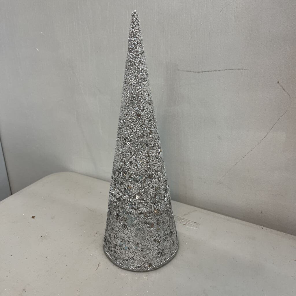 Small Cone Tree w/White & Silver Glass Beads