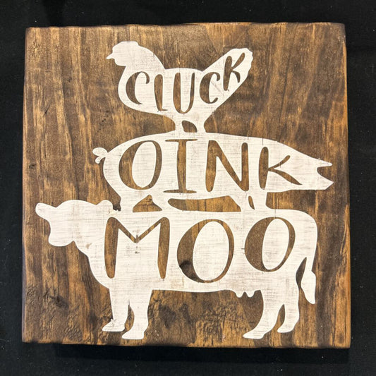 Cluck Oink Moo 8" Wood Block