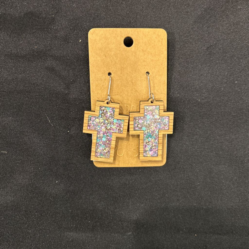 Seashell Glitter Inlay Cross Earrings