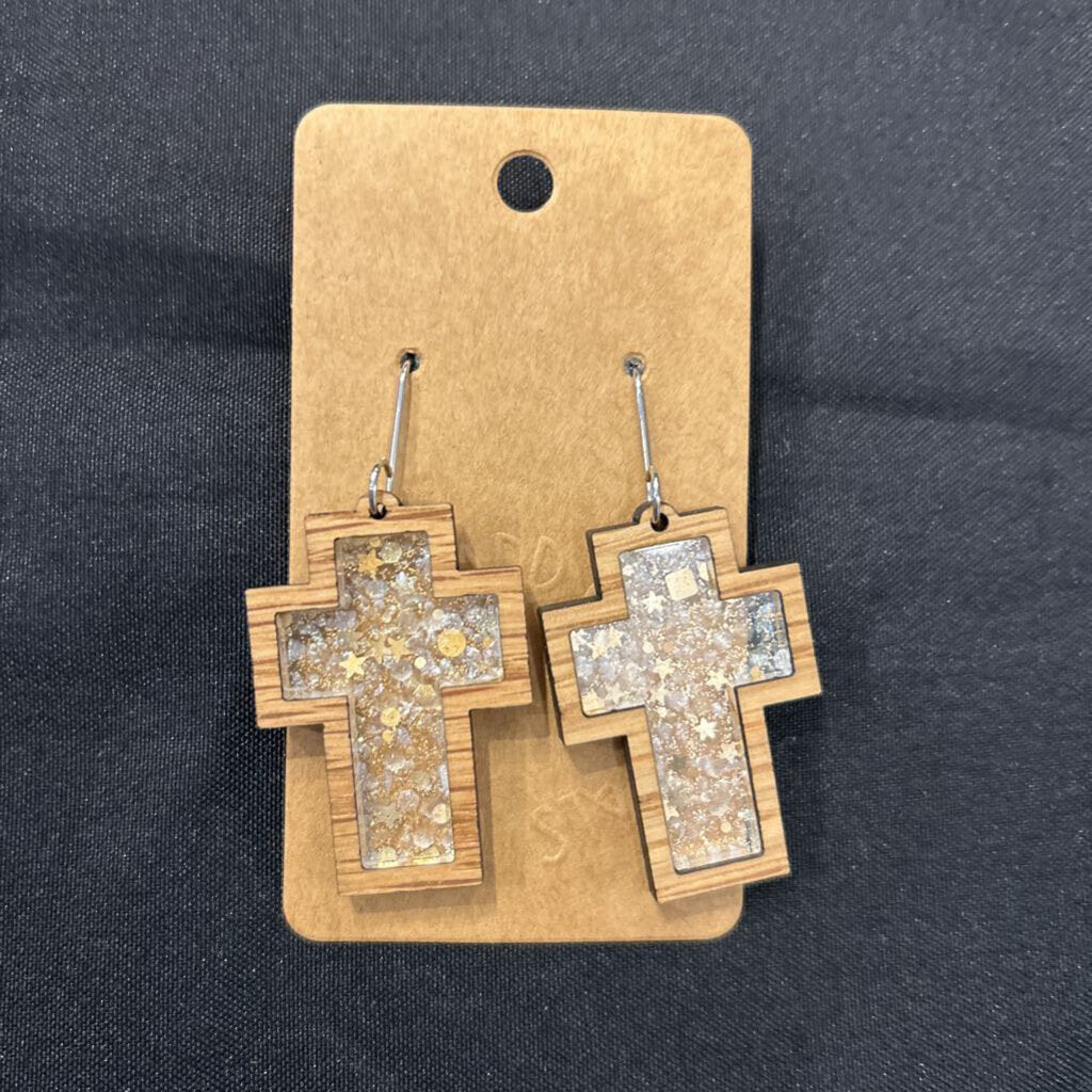 Champagne Glitter Inlay Cross Earrings