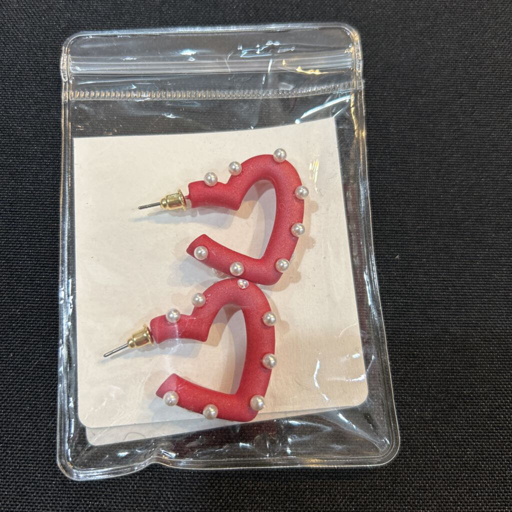 Small Pearl Heart Earrings Red