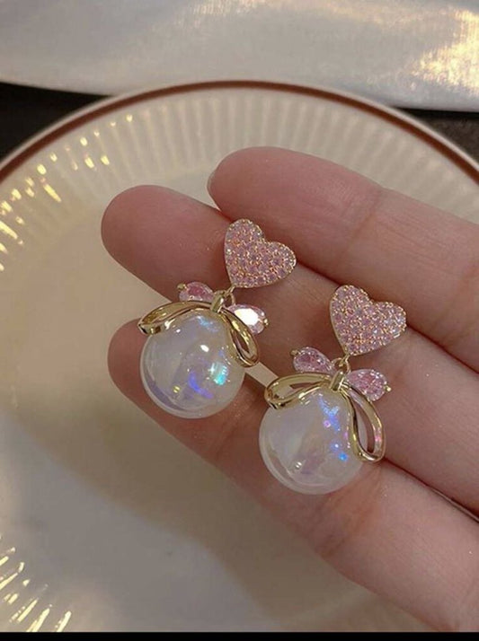Pink Heart, Gold Bow, Pearl Dangle