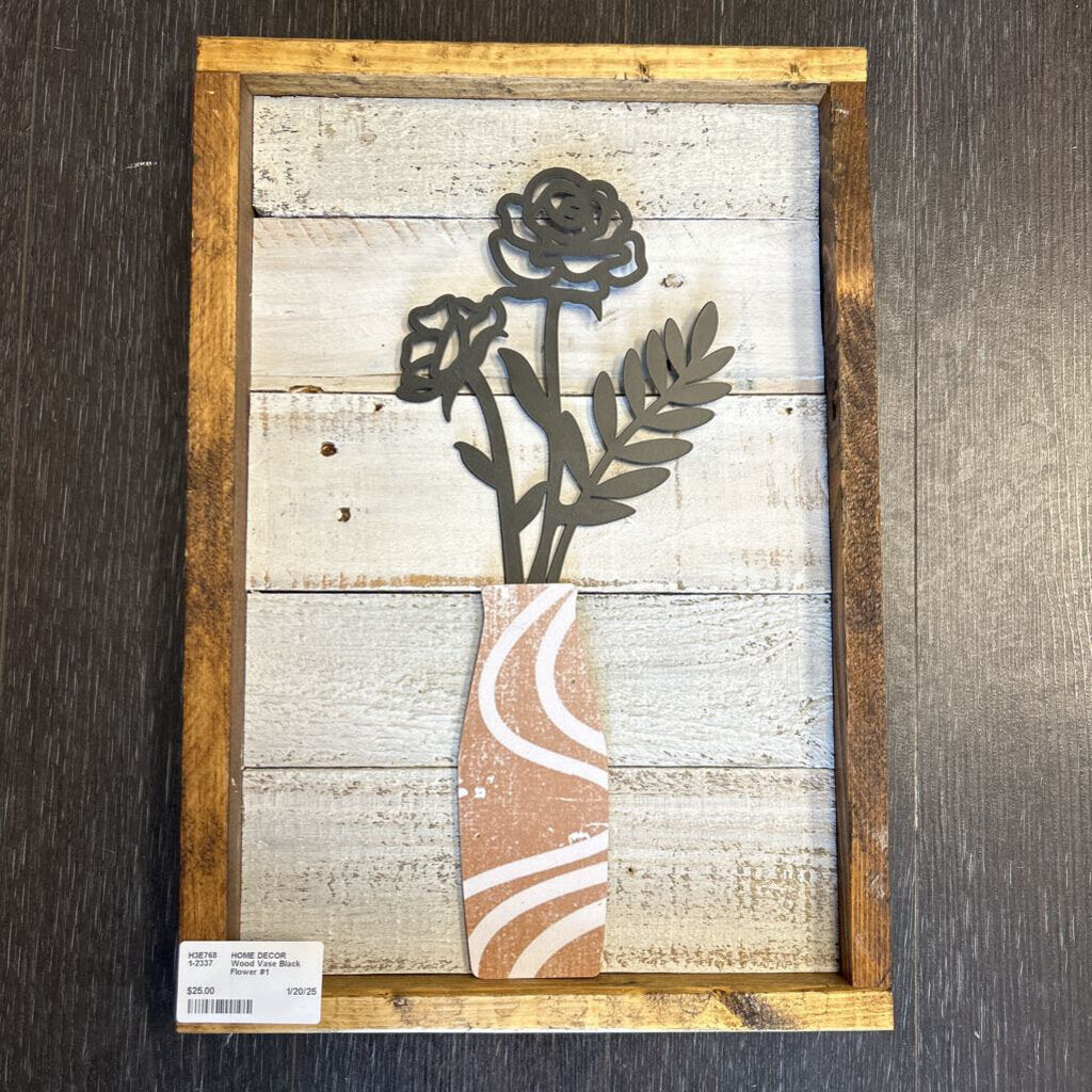 Wood Vase Black Flower #1