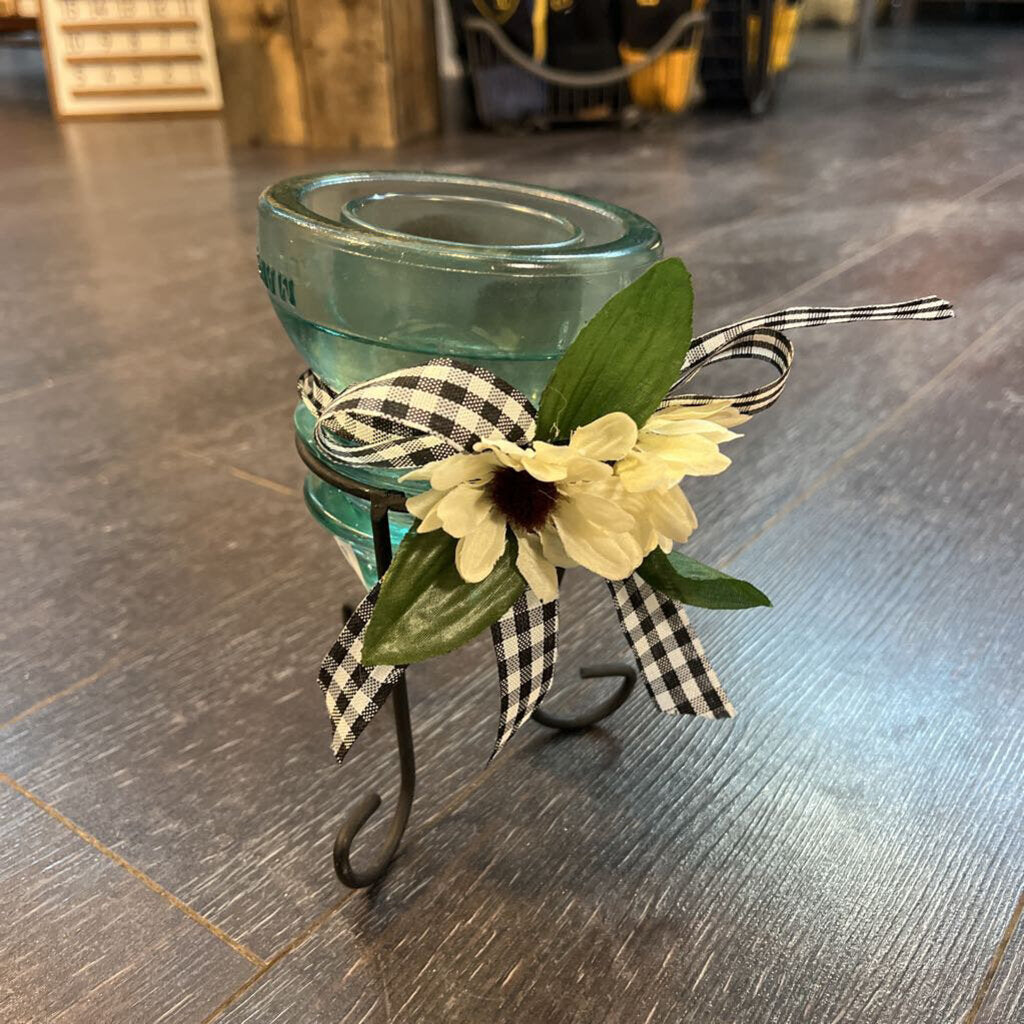 Farmhouse Bow & Daisy Glass Insulator w/Antique Bedspring