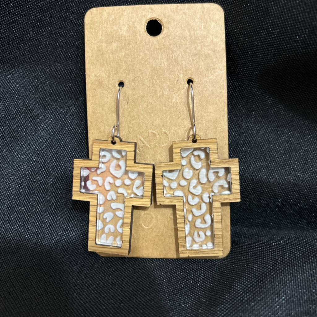 White Cheetah Cross Inlay Earring