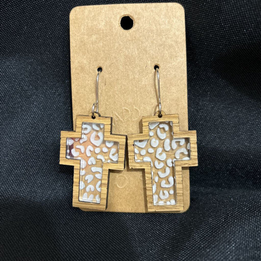 White Cheetah Cross Inlay Earring