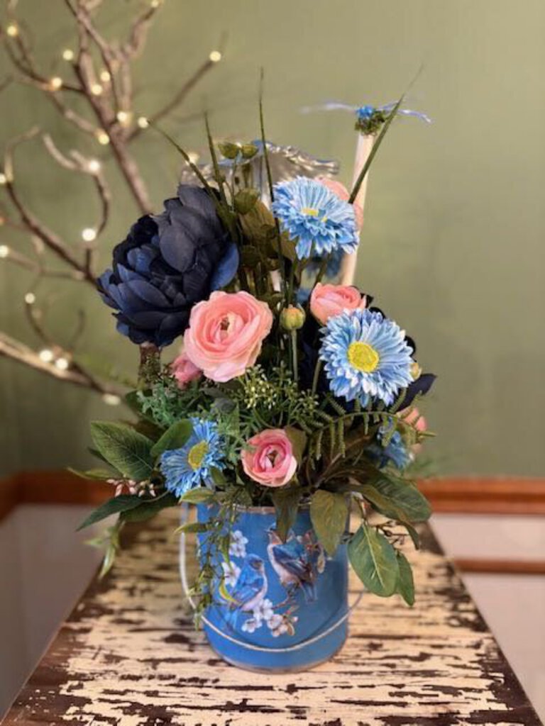 Floral Blue Bucket Planter
