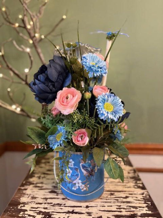 Floral Blue Bucket Planter