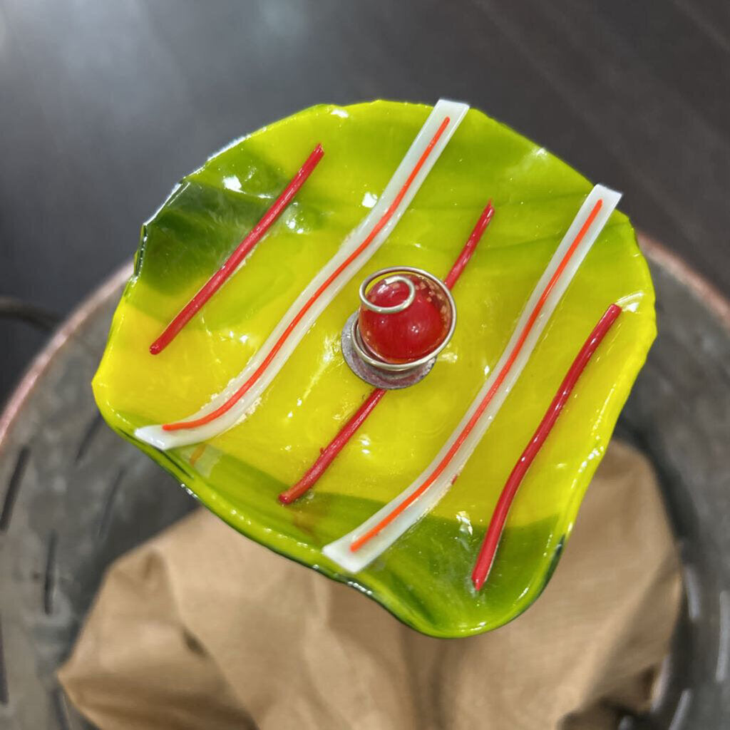 Bee Bath Garden Stake; yellow/green flower w/red stripes