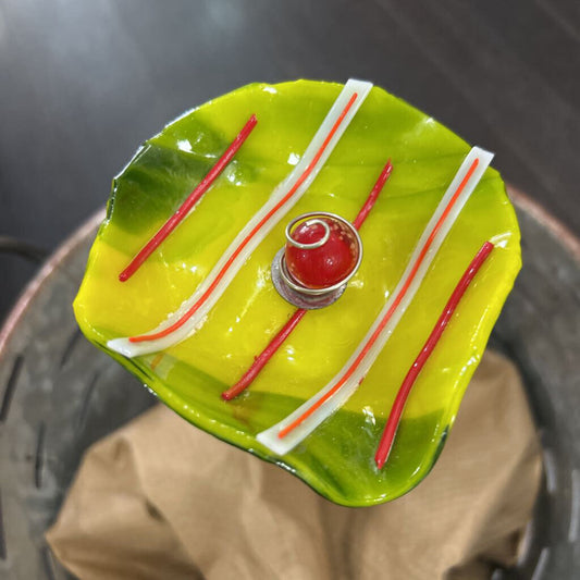 Bee Bath Garden Stake; yellow/green flower w/red stripes