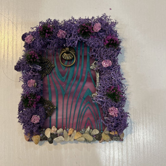 Decorative Glass Fairy Door; Purple with pink flowers
