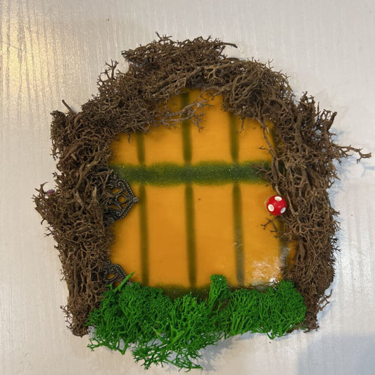 Decorative Glass Fairy Door; yellow with mushroom