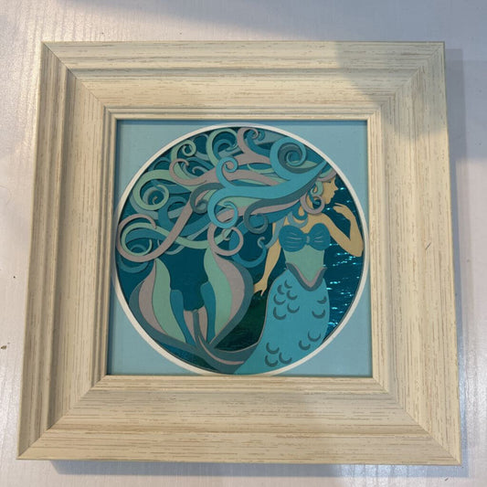 Aqua Mermaid, cutout, white wood frame