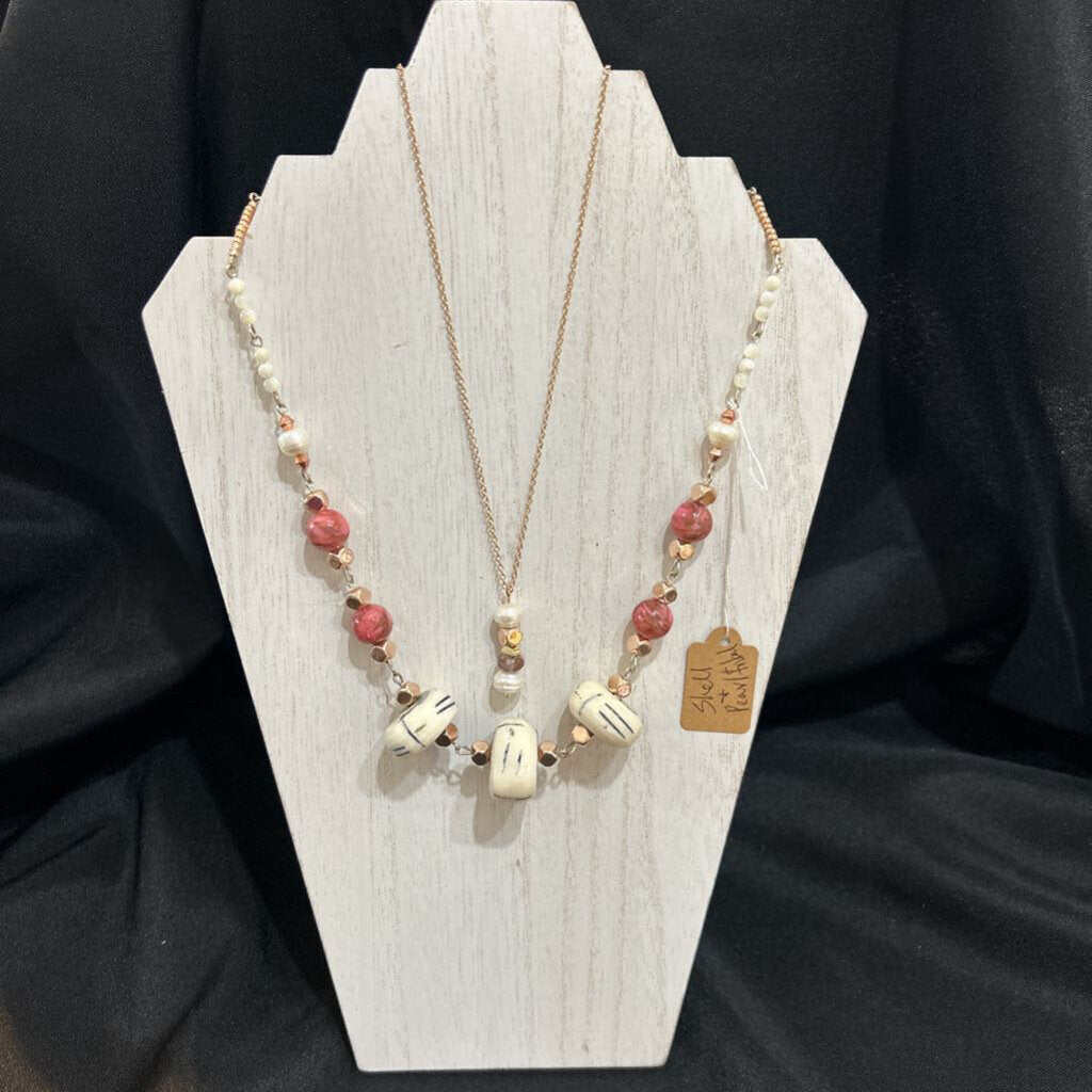 Shell, Pearl & Tribal Beaded Rose Gold Necklace