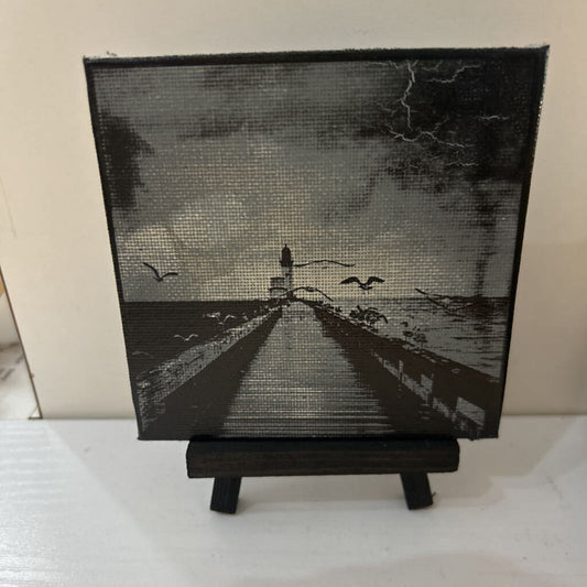 Lighthouse Pier Painted Canvas w/Easel
