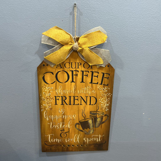 Wood Tag, A Cup of Coffee Brwn/Gold w/Bow