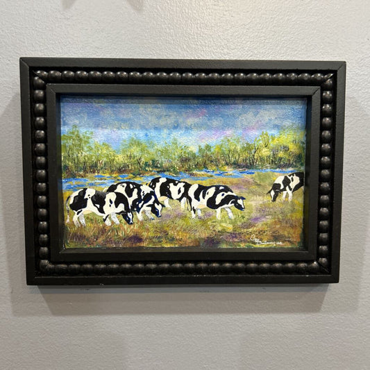 Black Framed Painting, Cows in Pasture