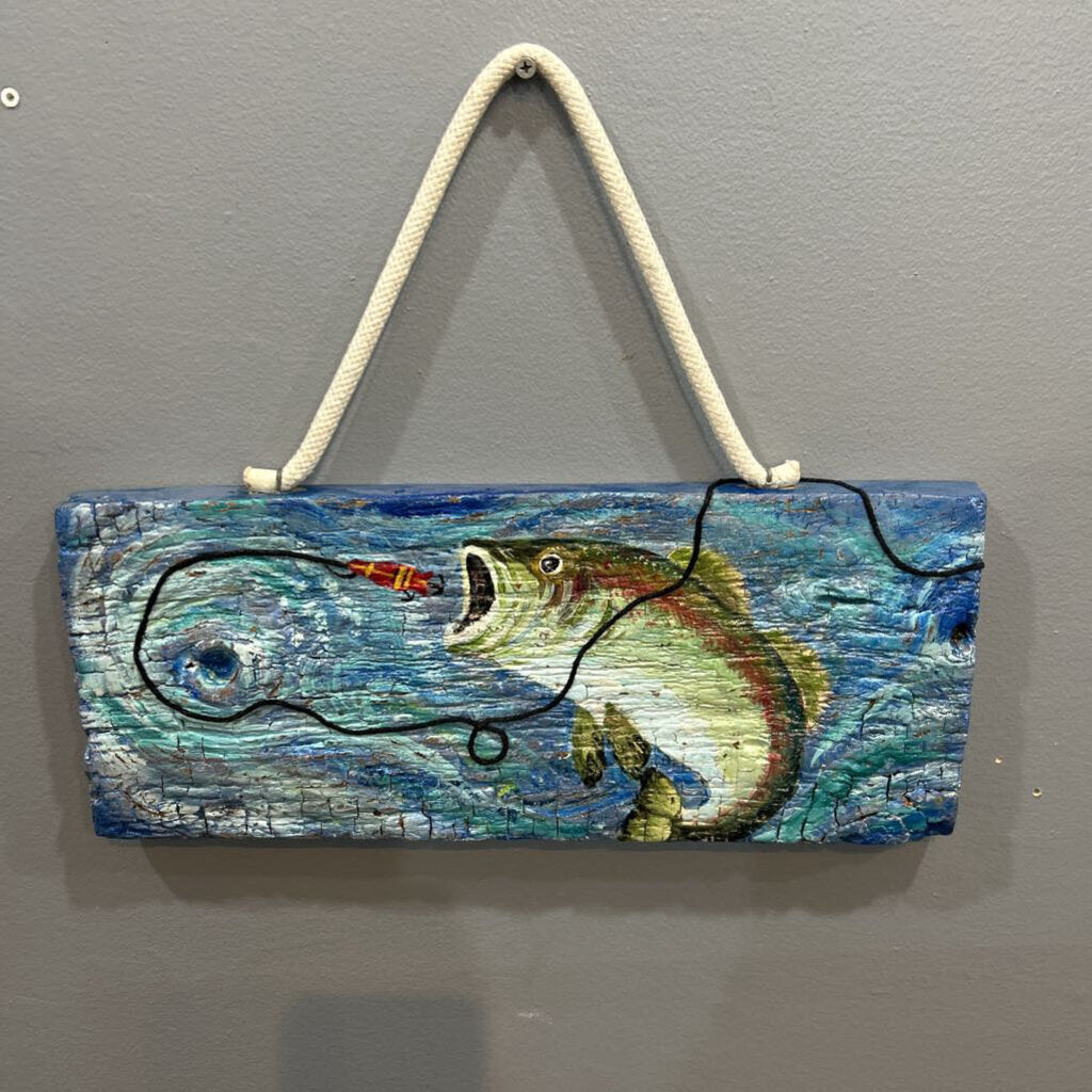 Bass Painting on Weathered Wood, Rope Hanger