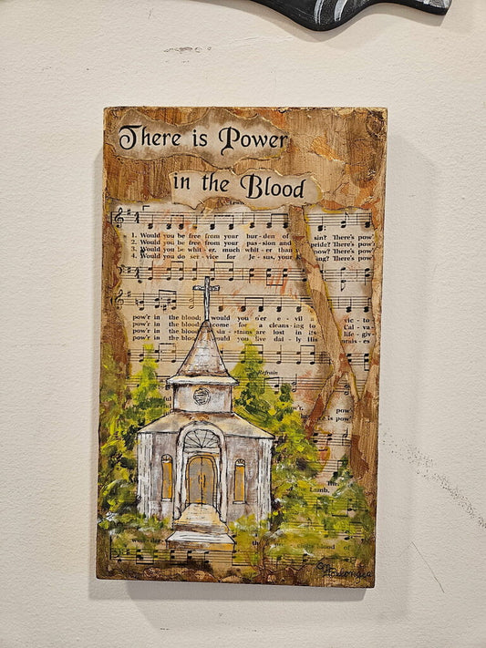 Wood, Power in the Blood, song sheet, church, mxed media