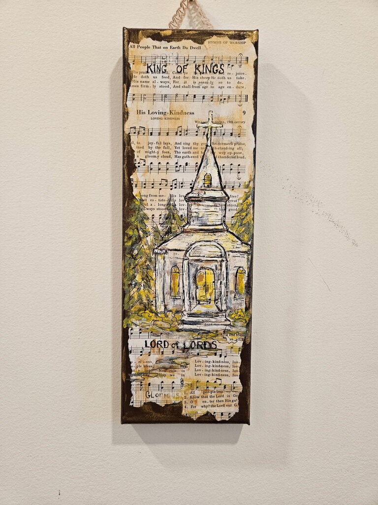 Canvas, mixed media, song sheet, King of Kings, church