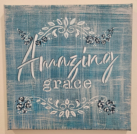 Wood, Amazing Grace, pale teal with white flowers