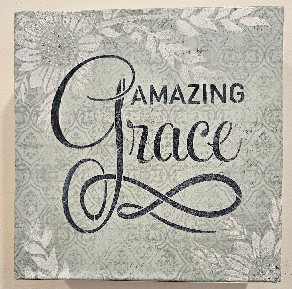Canvas, Amazing Grace, aqua with white letters blue white flowers