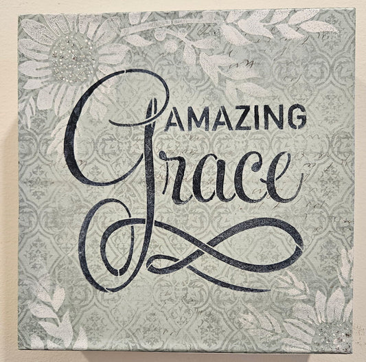 Canvas, Amazing Grace, aqua with white letters blue white flowers