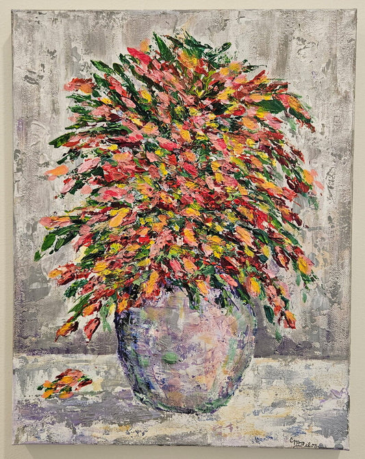Canvas, Vase & flowers red, yellow, pink mix pallet knife painting