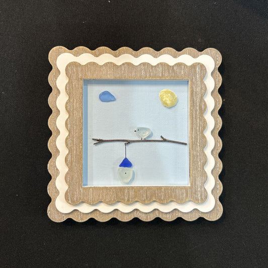 Tan/Wht Wavy Edge Frame Blu Matte Blue Bird/House Beach Glass