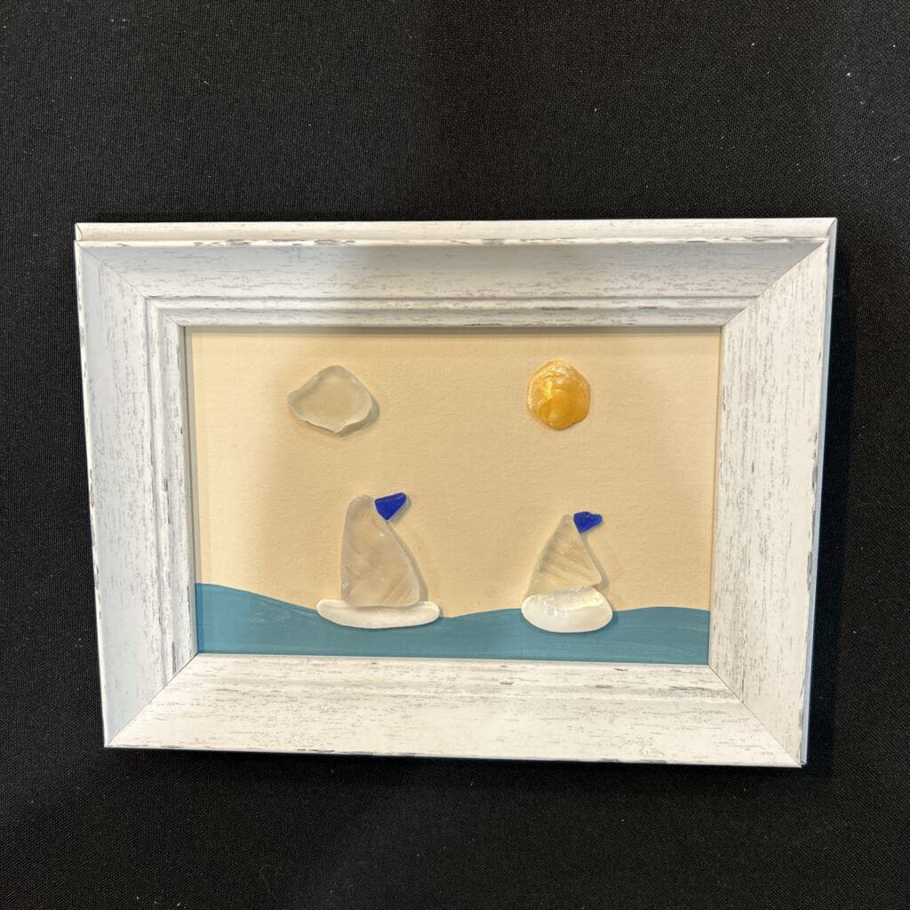White Frame 2 Sailboats Beach Glass