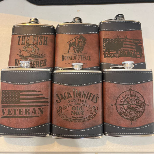 Two Tone Leather Engraved Flask