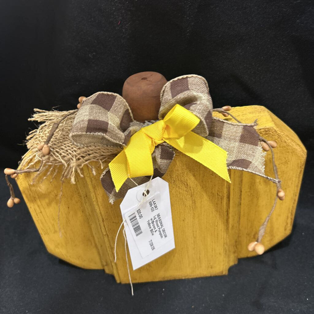 Lg Wood Pumpkin w/Brown & Yellow BOw