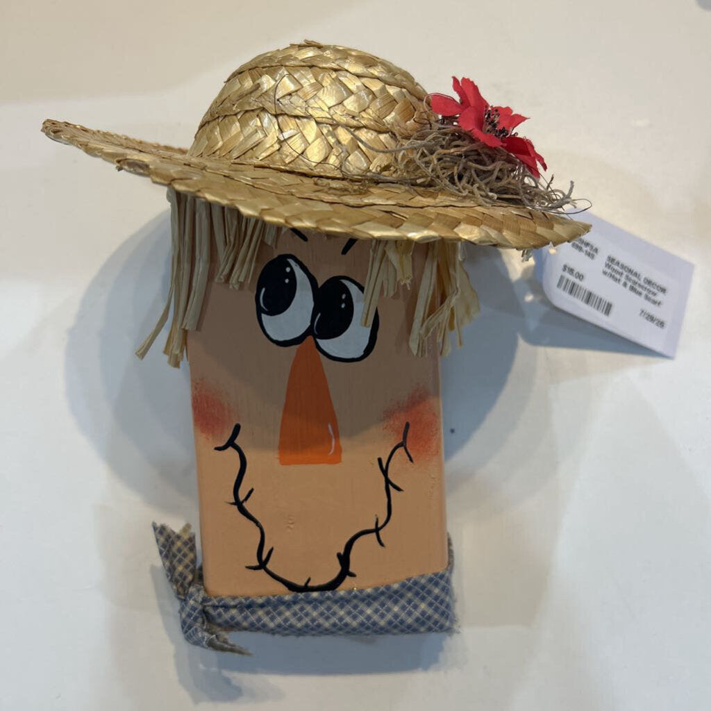 Wood Scarecrow w/Hat & Blue Scarf
