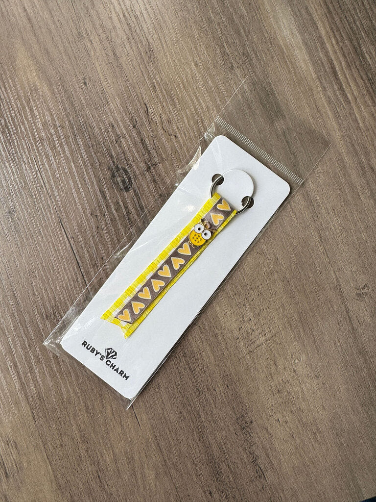Ribbon Keychain-Yellow Hearts w/Owl Charm