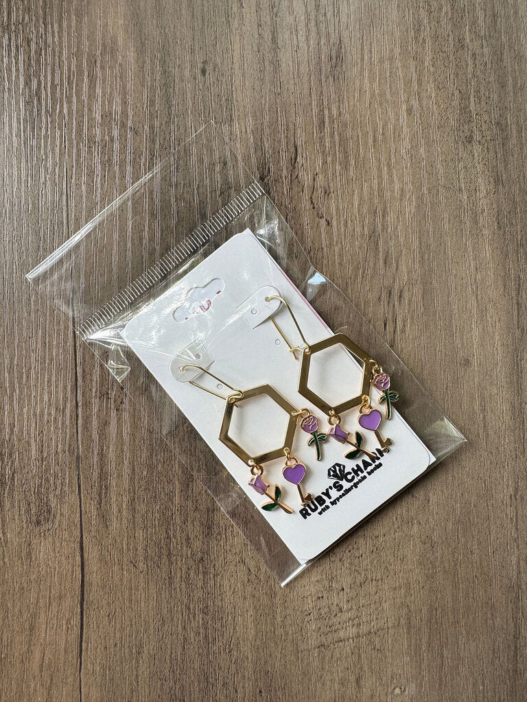 Dangle Earring-Hexagon w/Purple Flowers