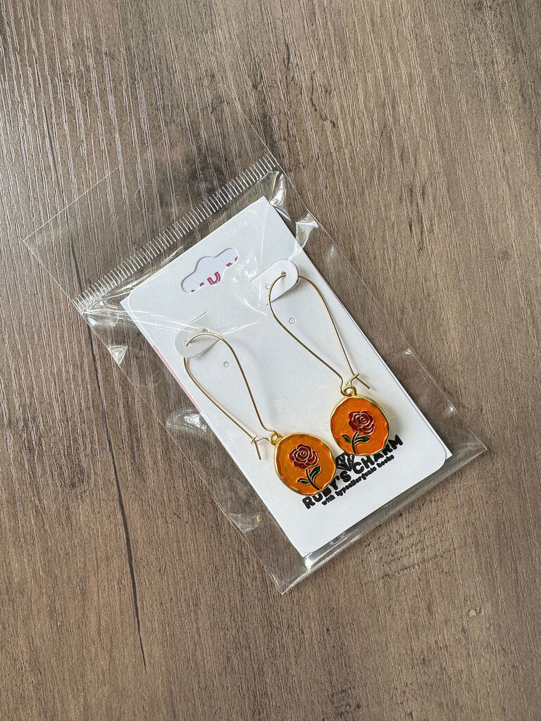 Dangle Earring-Red Rose Flowers w/Orange