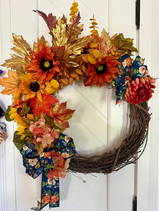 Fall Sunflower w/Blue Floral Ribbon