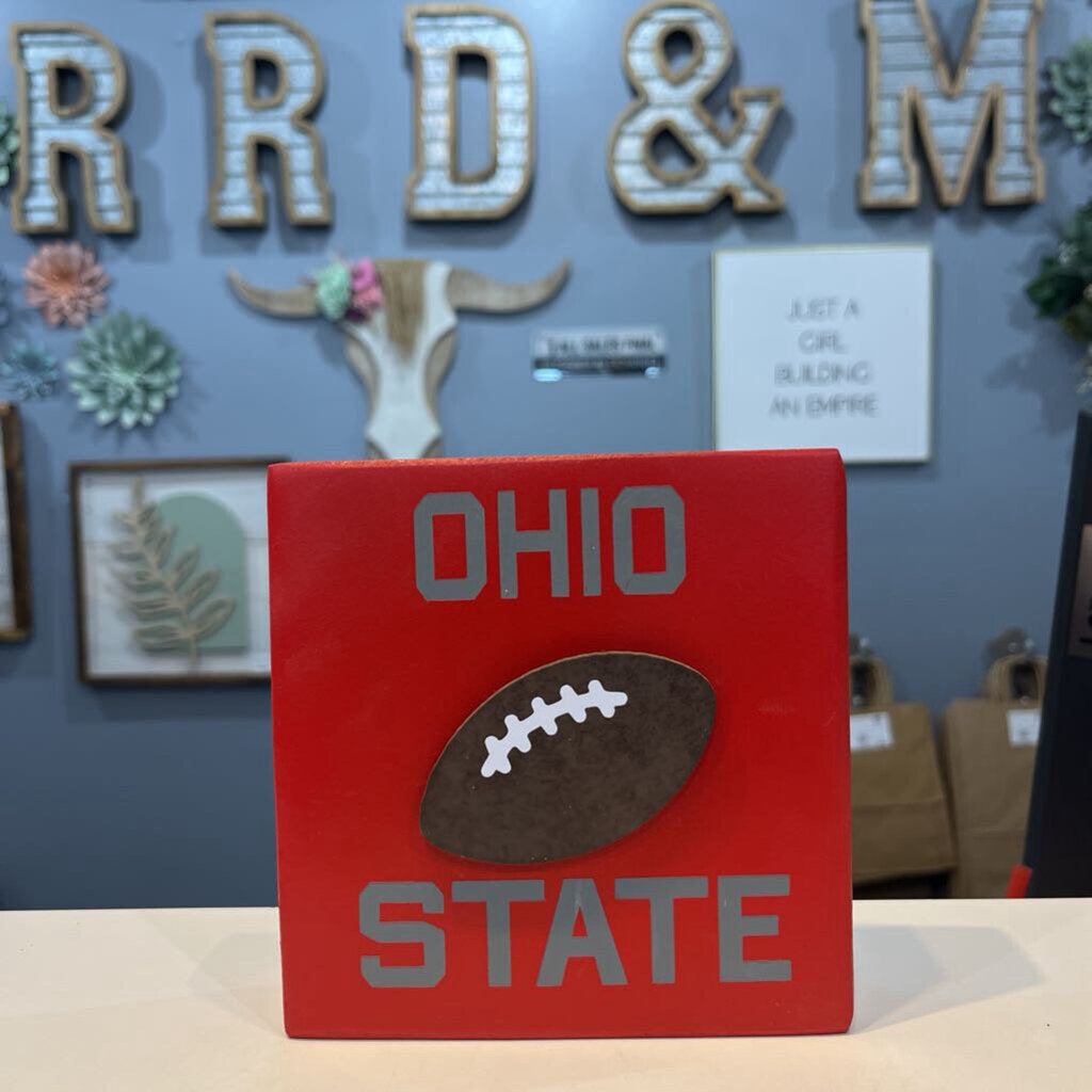 Red Ohio State wood block w/football 5x5