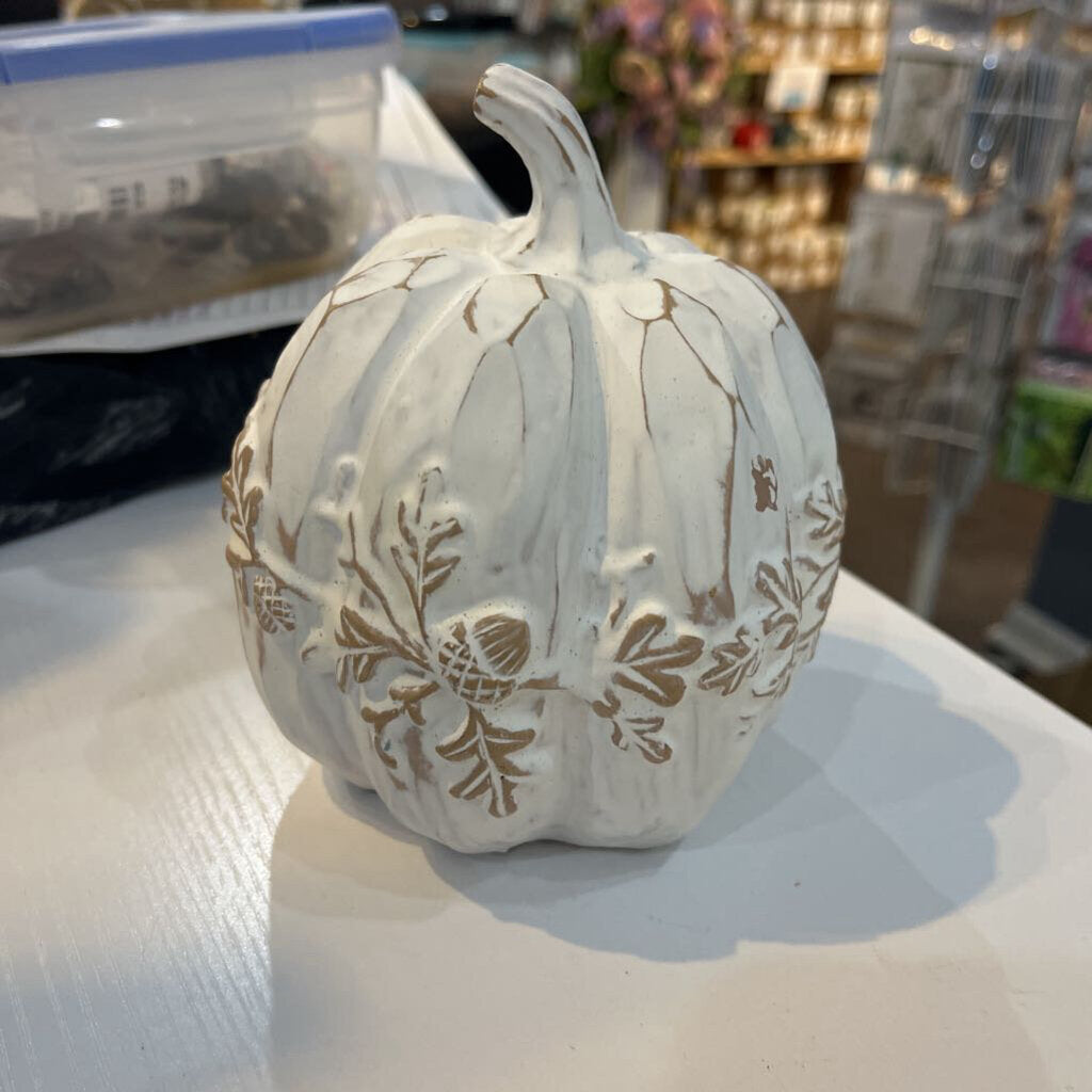Tall Leaf Engraved White Resin Pumpkin
