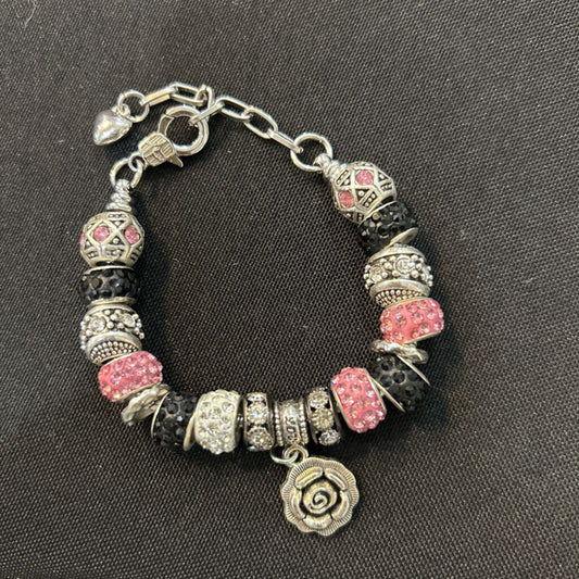MJ White, Pink, Black Bracelet w/Rose Charm
