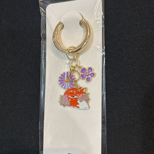 Floral Fox w/Purp Flowers 1-Ring Charm Keychain