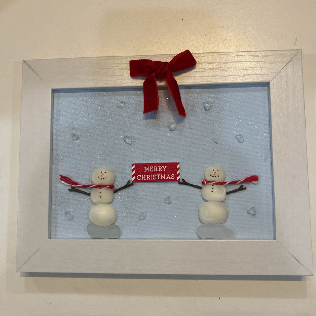 Blue Matte 2 Snowmen Merry Xmas Sign Beach Glass Art