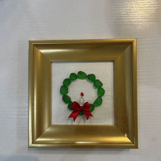 Green Wreaths w/Red Bows Beach Glass Art