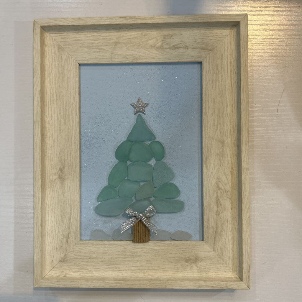 Teal Tree, Silver Bow & Silver Star Beach Glass Art