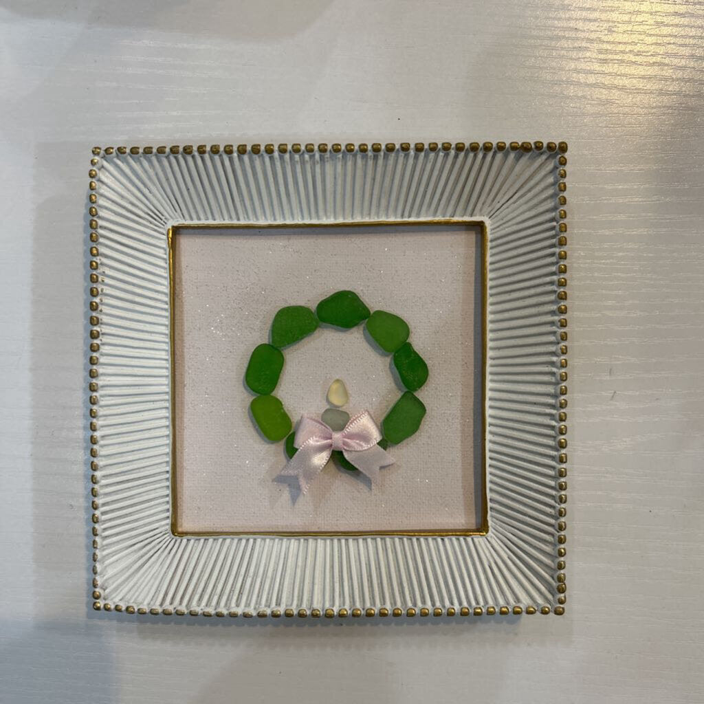 Pink Matte, Green Wreath, Pink Bow Beach Glass Art