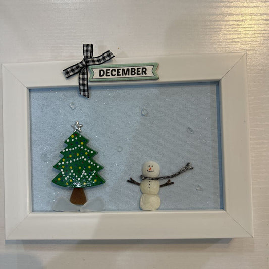 Blue Matte, Snowman "December" Beach Glass Art