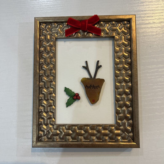 Reindeer Red Bow Beach Glass Art