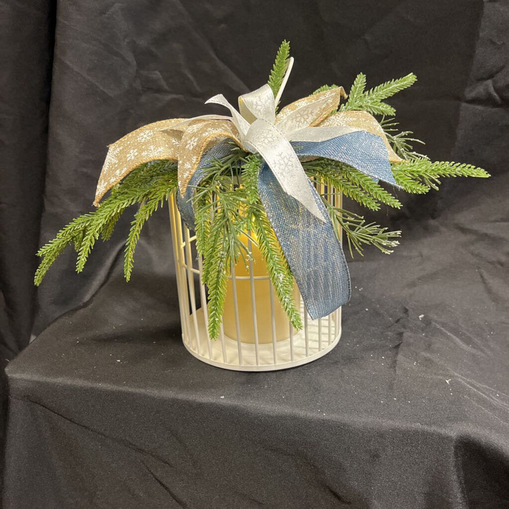 White Round Metal Lantern w/Blues & Whites