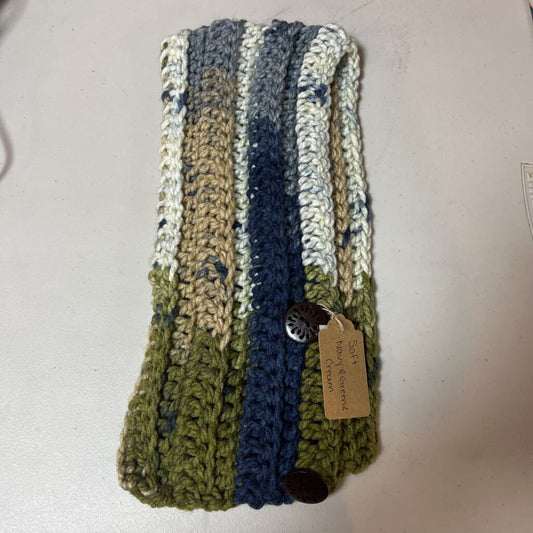 Crochet Button Scarf Soft Navy/Green/Cream