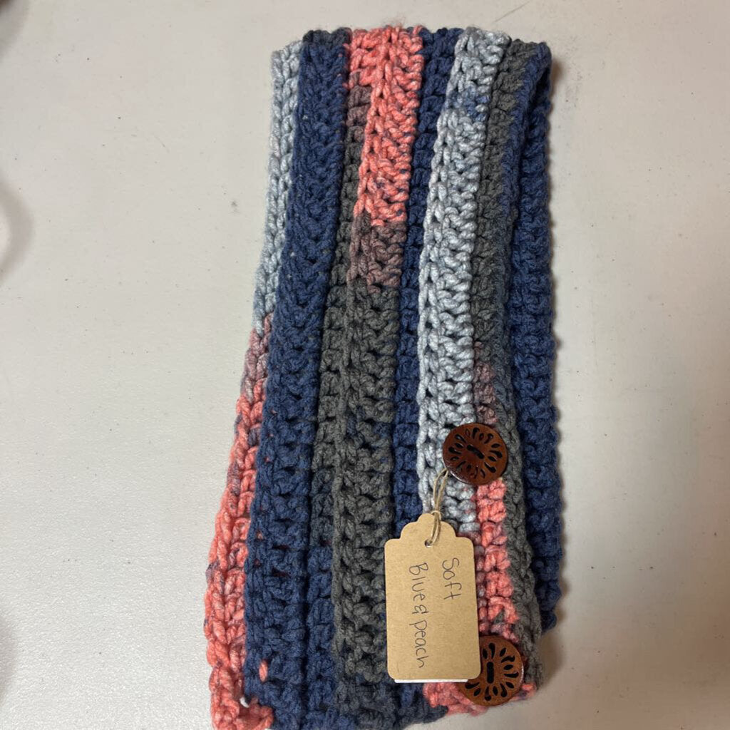 Crochet Button Scarf Soft Blue/Peach